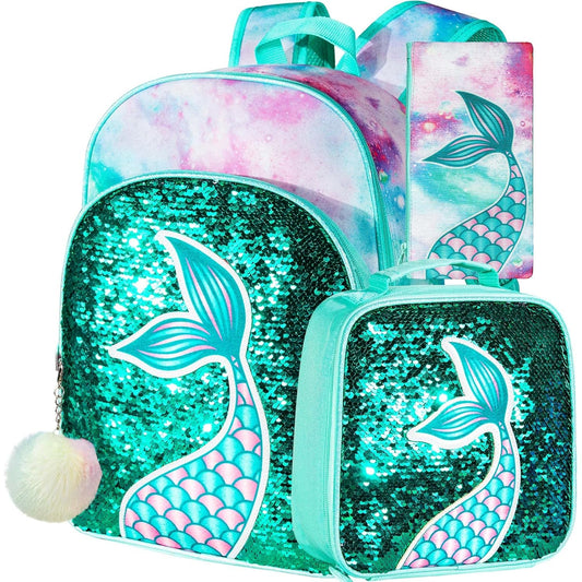 3PCS Kids Backpacks for Girls, 16" Little Kid Mermaid Sequin Preschool School Bookbag and Lunch Box