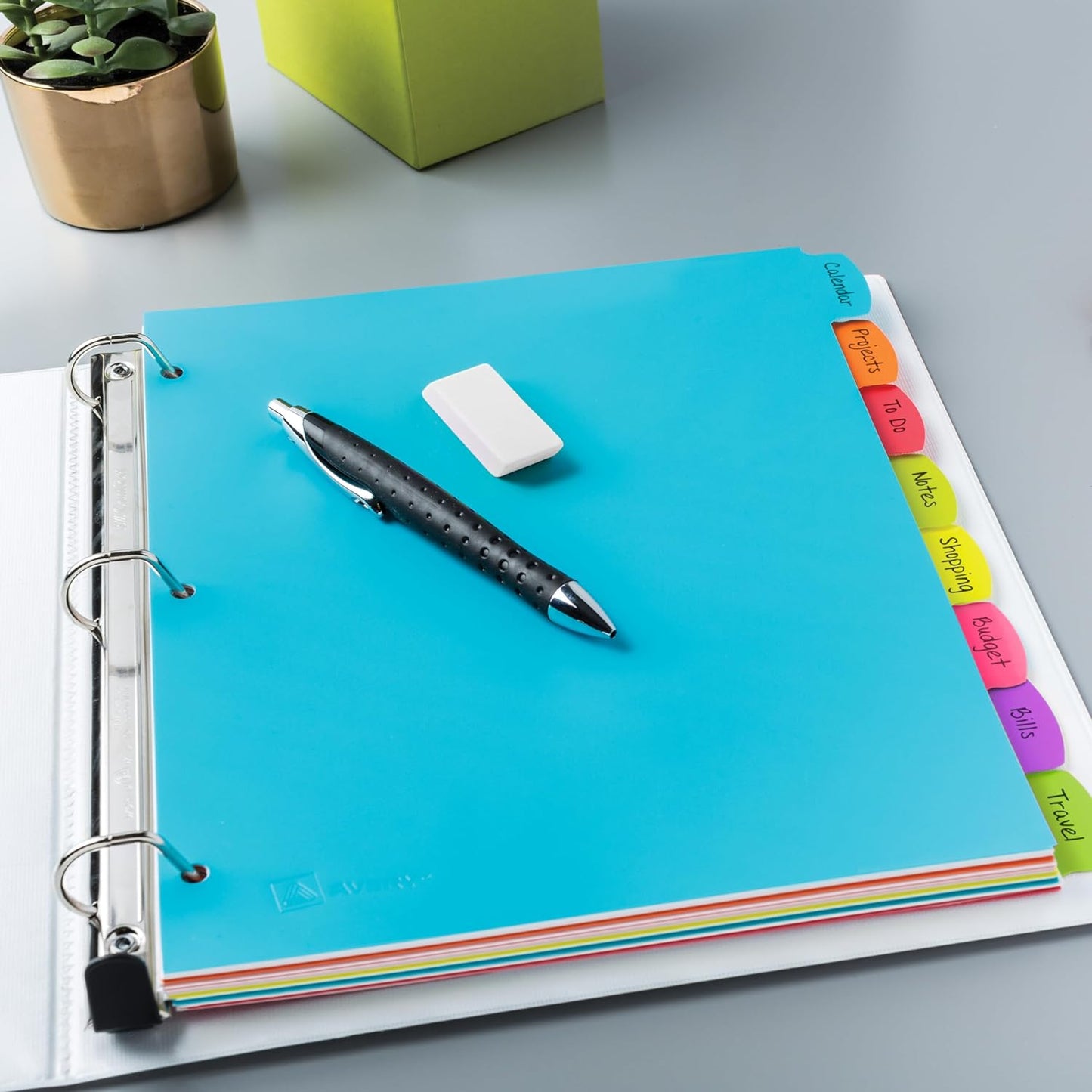 Binder Tabs - 3 Ring Binder Dividers with Tabs - Write & Erase Durable - Plastic Dividers - 8-Tab Set - 8 Assorted Colors - Big Tab Dividers for 3 Ring Binder