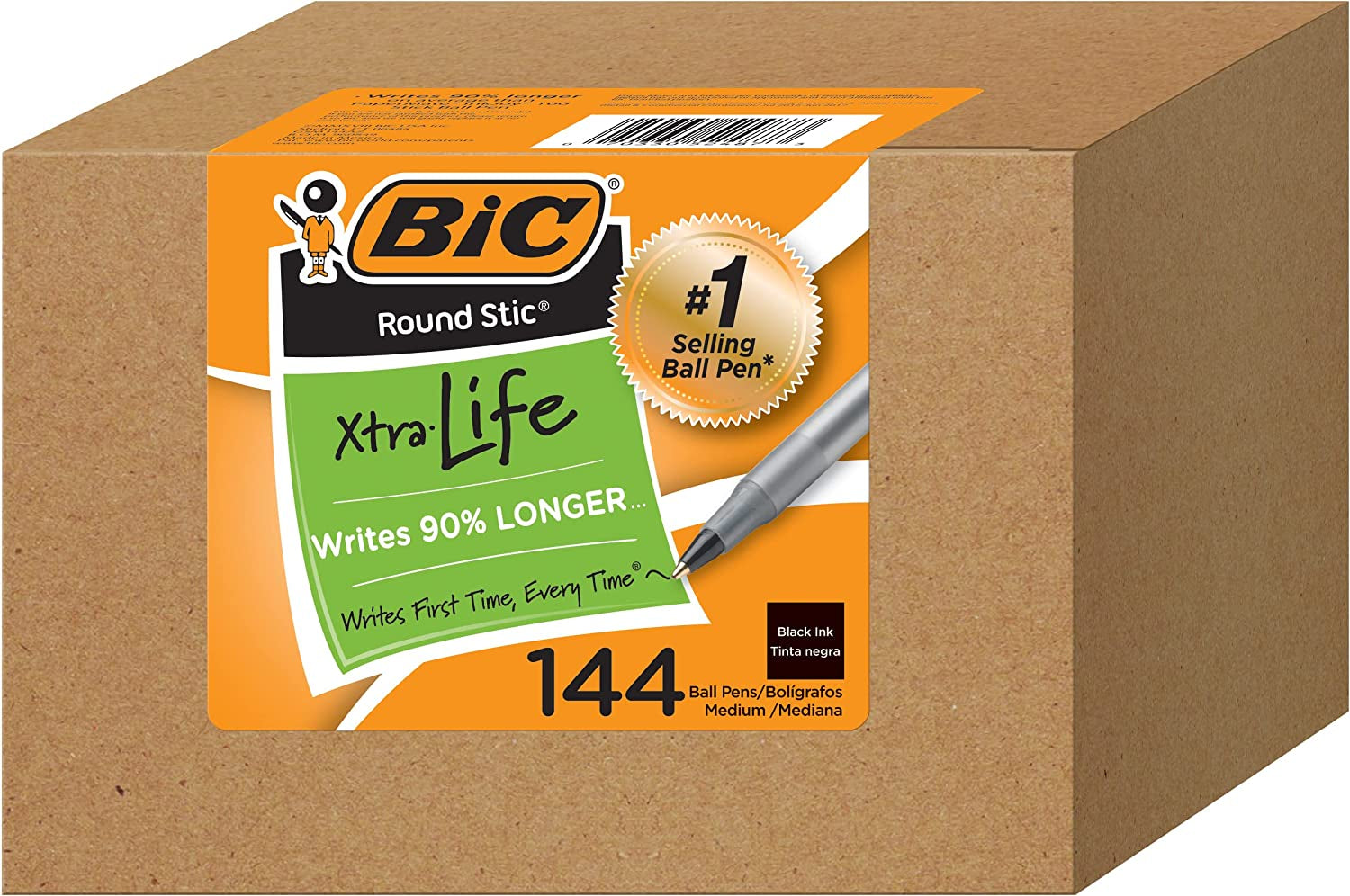 round Stic Xtra Life Ballpoint Ink Pens, Medium Point (1.0Mm), Black Pens, Flexible round Barrel for Writing Comfort, 144-Count