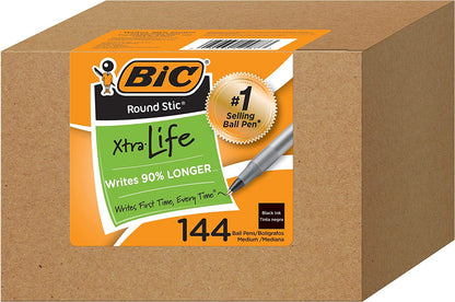 round Stic Xtra Life Ballpoint Ink Pens, Medium Point (1.0Mm), Black Pens, Flexible round Barrel for Writing Comfort, 144-Count