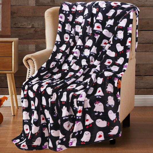 Halloween Ghost Throw Blanket for Bed Couch Chair Living Room Soft Warm Fleece Plush Blanket, (Black White Ghost Bash) Oversized 50" X 70"