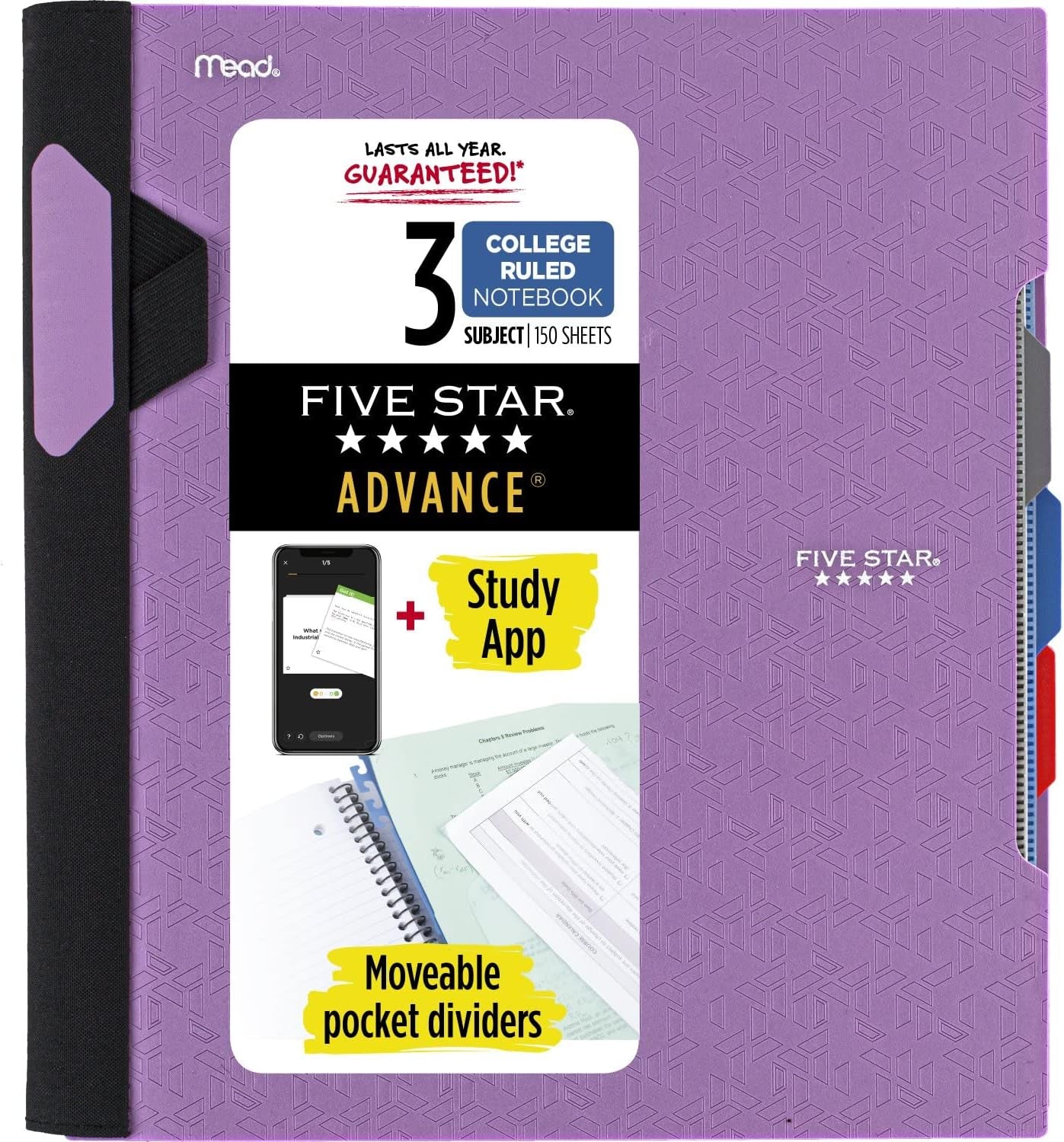 Advance Spiral Notebook + Study App, 3 Subject, College Ruled Paper, 8-1/2" X 11", 150 Sheets, Spiral Guard, Movable Tabbed Dividers and Pockets, Blue (73138)