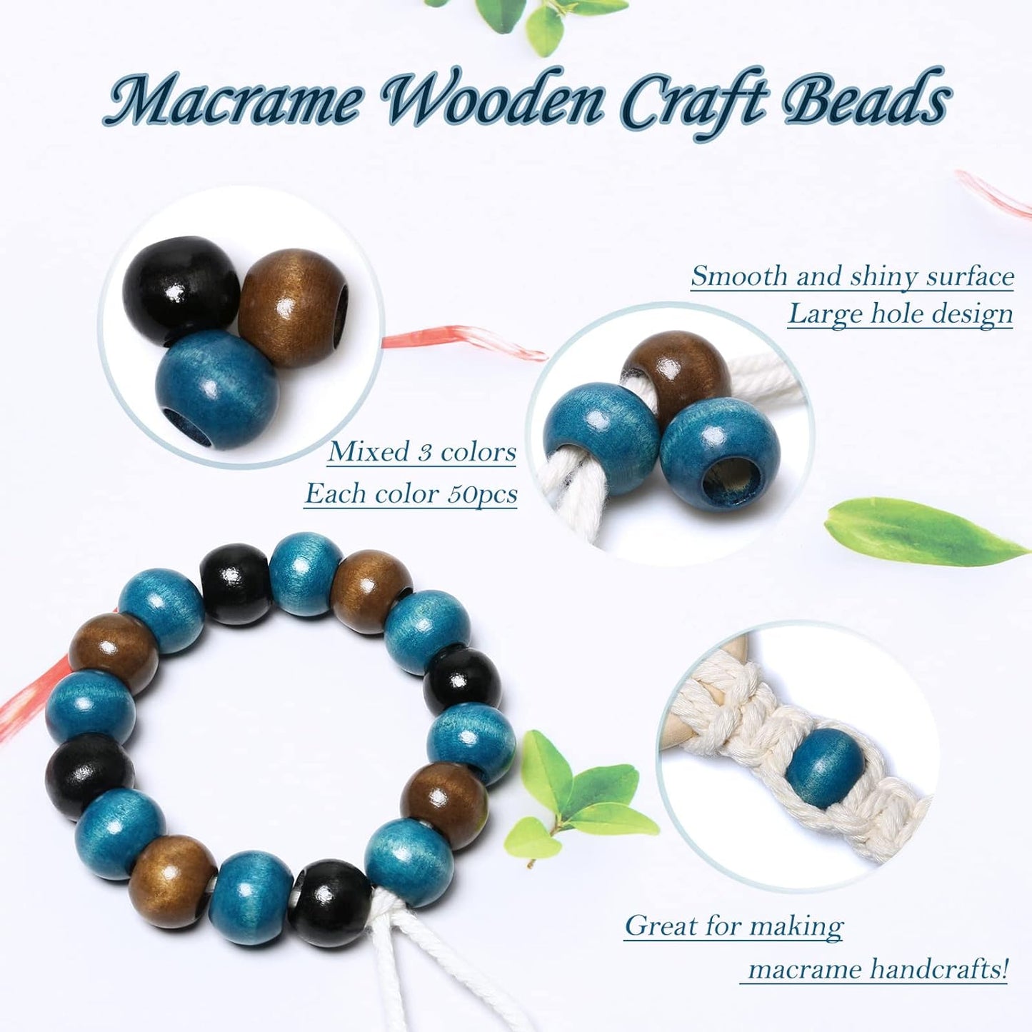 150 Pieces 20Mm Wood Beads Large Hole Macrame Wooden Beads Variety Pack, Colored Wooden round Beads for Craft/Garlands/Home Party Decor, 9Mm Hole (Brown/Black/Blue)