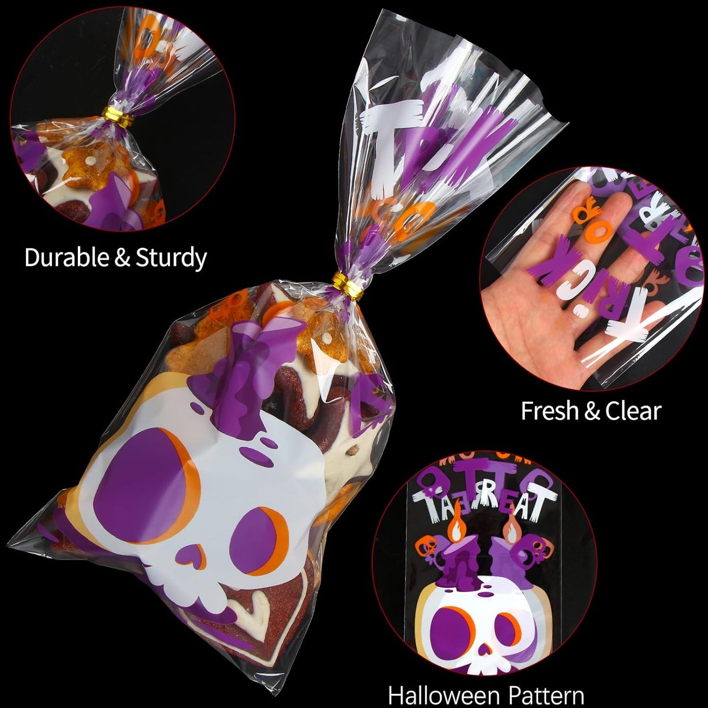 180 Pack Halloween Cellophane Treat Bags, Plastic Goodie Candy Bag for Kids Clear Goody Snack Bags Bulk Party Favors with 210 Twist Ties