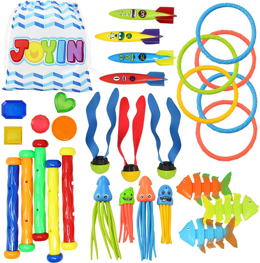 30 Pcs Diving Pool Toys for Kids Ages 3-12 Jumbo Set with Storage Bag Pool Games Summer Swim Water Fishtoys