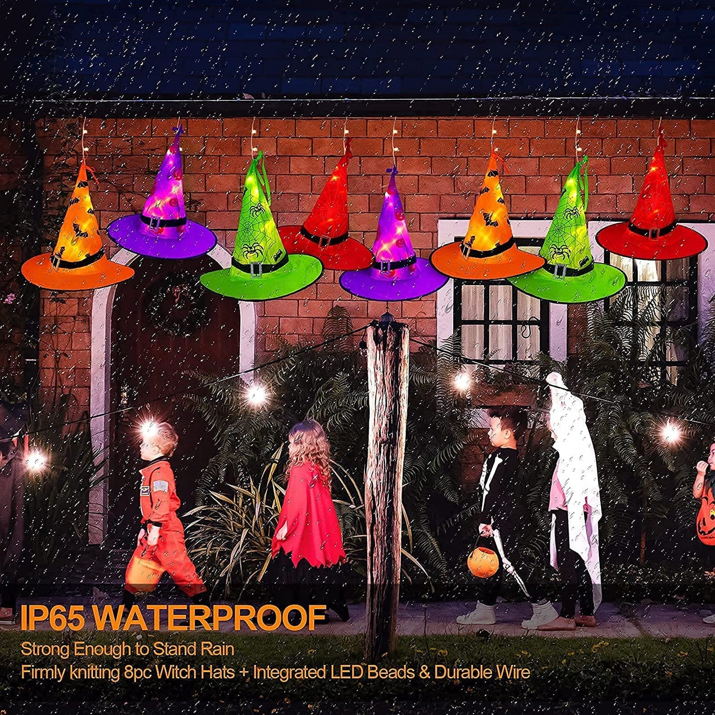 Halloween Decorations Lighted Witch Hats, 8Pcs Hanging Glowing Witch Hats 44Ft Halloween Outdoor Lights String with 8 Lighting Modes for Outdoor, Garden, Yard, Tree