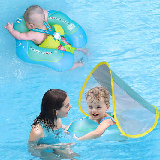 Inflatable Baby Swim Float with Sun Canopy Size Improved Infant Pool Floaties Swimming Pool Toys for the Age of 3-72 Months(Blue, L)