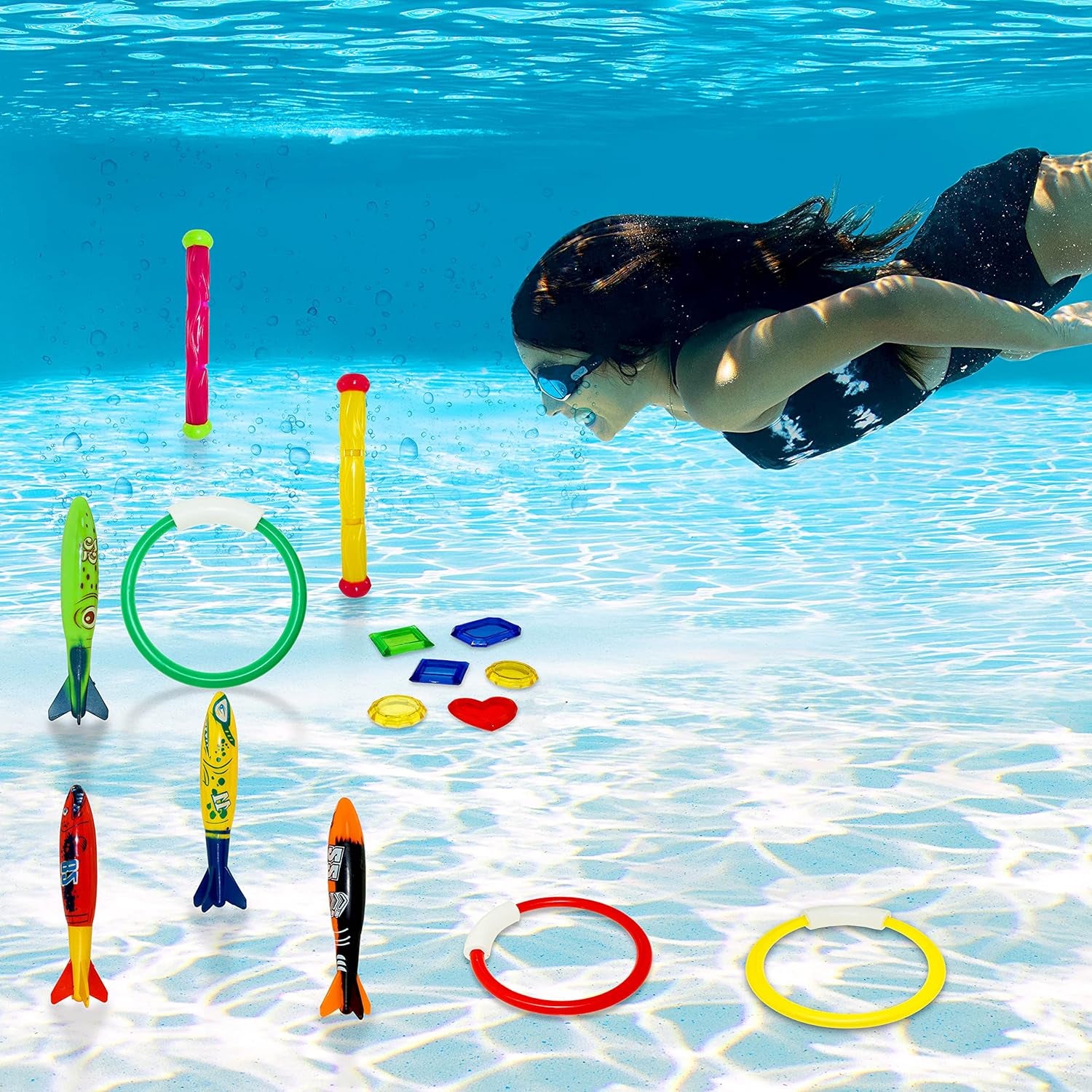 18Pcs Diving Pool Toys for Kids, Swimming Pool Toy with Storage Bag Includes 4 Pool Rings, 4 Diving Sticks, 4 Bandits, 6 Treasures Underwater Swim Pool Games for Ages 8-12