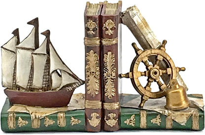 Pirate Ship Bookends Captain Sailboat Crew Sailor Nautical Coastal Home Decor Art Statues Book Ends Shelves Stoppers Holder Nonskid Shelf Heavy Duty Supports Vintage Style
