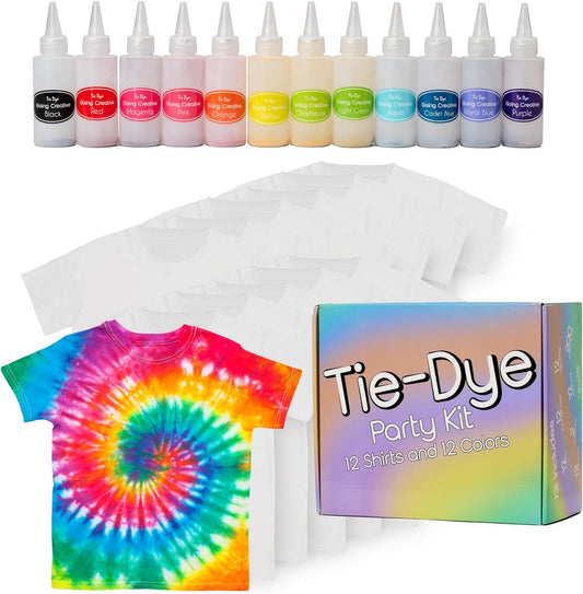 All-In-One Children’S Tie Dye Kit - Tie Dye Party Pack W/ 12 Kids Shirts, 12 Colors in Pre-Filled Bottles, 12 Refills, Gloves, Bands & More - Top Arts and Crafts for Kids 4 & Up