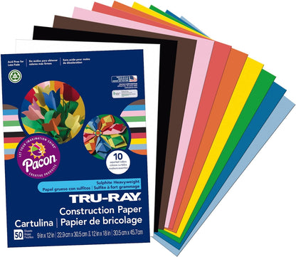 " Heavyweight Construction Paper, Cool Assorted Colors, 9"" X 12"", 50 Sheets" (102942)