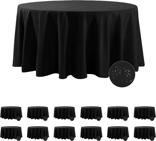 12 Pack Waterproof round Tablecloth, 120 Inch, Stain Resistant and Wrinkle Polyester Table Cloth, Fabric Table Cover for Kitchen Dining, Wedding, Party, Holiday Dinner-Black