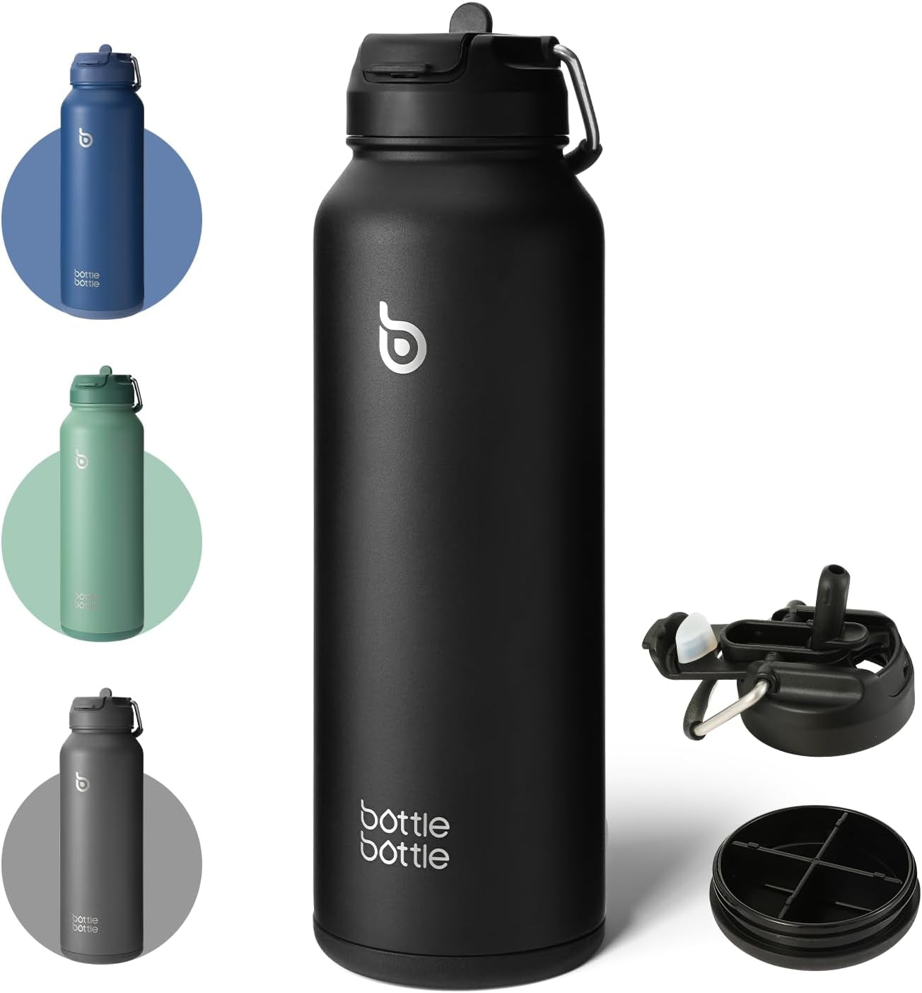 40Oz Insulated Water Bottle with Straw Sport Stainless Steel Water Bottle with Handle Lid Outdoor Sports Bottle for Pills (Black)