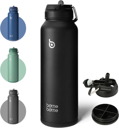 40Oz Insulated Water Bottle with Straw Sport Stainless Steel Water Bottle with Handle Lid Outdoor Sports Bottle for Pills (Black)