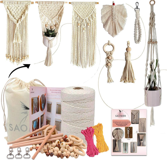 130 Pcs Macrame Kit for Beginners-219 Yards(657 Feet-3Mm) 7 Easy Macrame DIY Projects Book-Starter Kit Has Dowel,Beads,Rings,Keychains,Bag(Gift) - Perfect Macrame Starter Kits