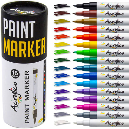 Fabric Markers for Rock Painting Set of 16 Paint Markers Acrylic Paint Pens Extra Fine Tip for Wood, Canvas, Plastic, Ceramic, Glass, Drawing & Craft Supplies for Adults & Kids