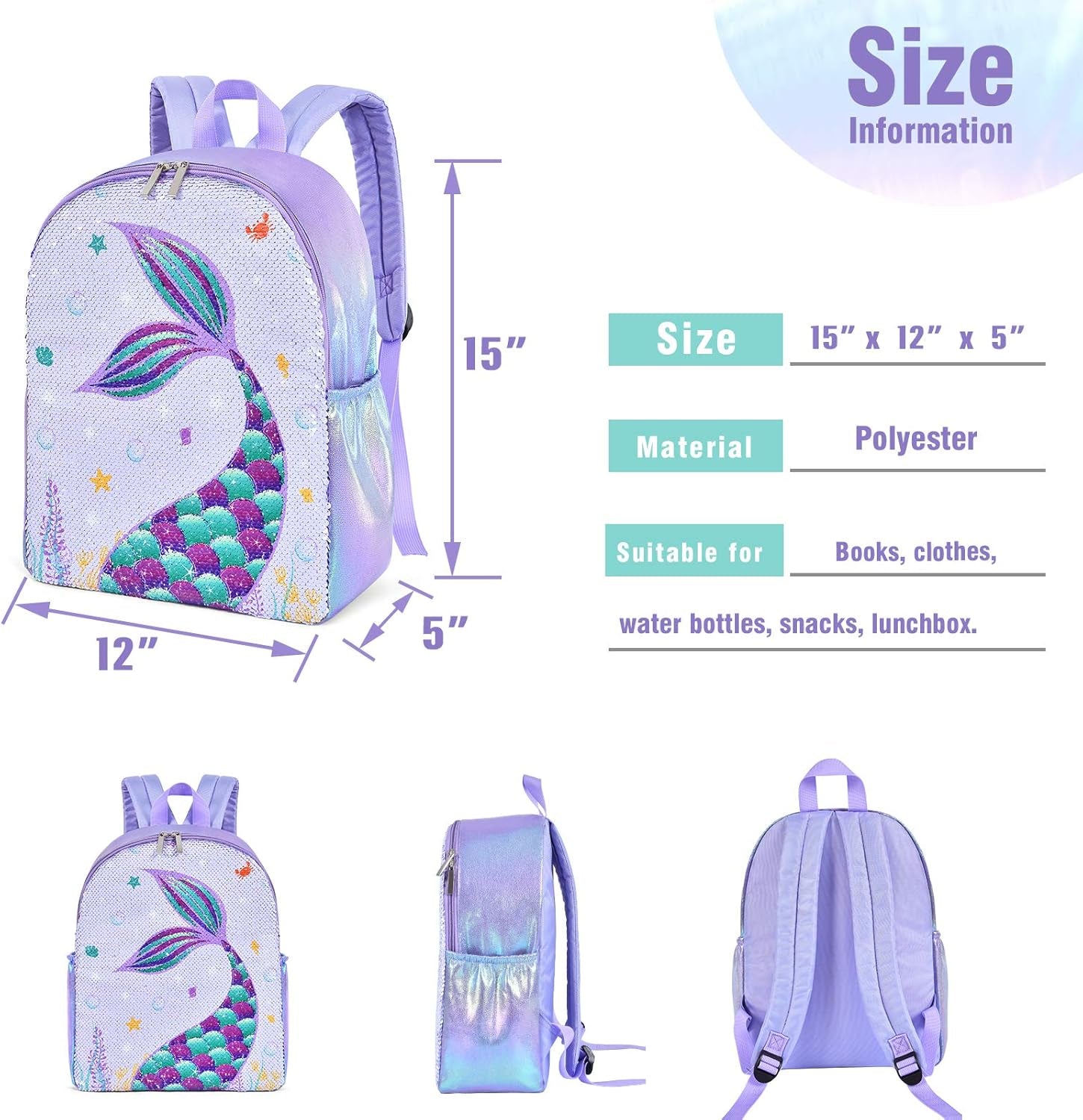 Sparkly Girls Mermaid Backpack - Sequins School Backpack for Kids Girls Preschool Kindergarten Elementary 15” Lightweight Travel Casual Book Bag Schoolbag