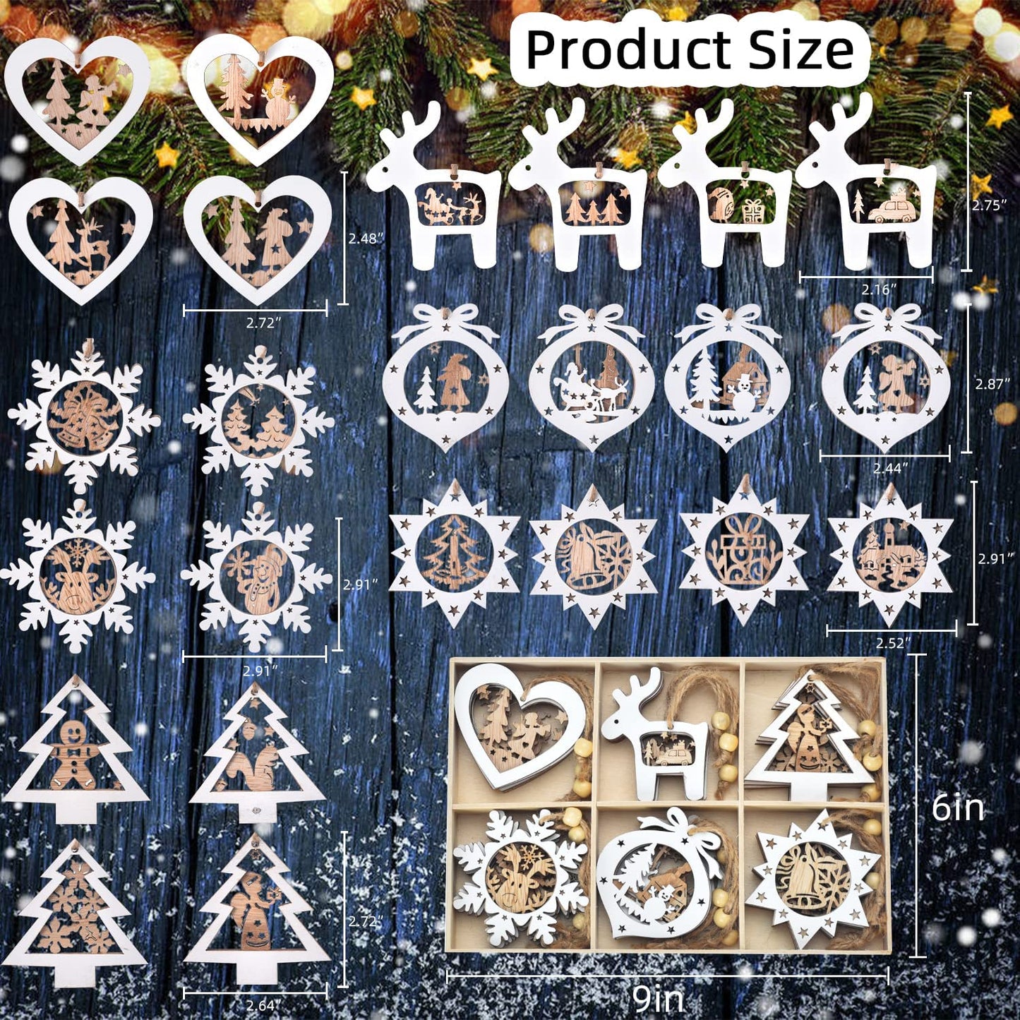 Christmas Tree Ornaments Set of 24 Wooden Craved Hanging Craft Decorations for Winter Wonderland, 3D Rustic Farmhouse Christmas Ornaments Holiday Decor for Christmas Tree Home Office (White)