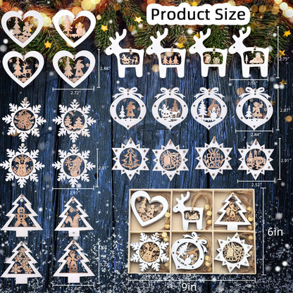 Christmas Tree Ornaments Set of 24 Wooden Craved Hanging Craft Decorations for Winter Wonderland, 3D Rustic Farmhouse Christmas Ornaments Holiday Decor for Christmas Tree Home Office (White)