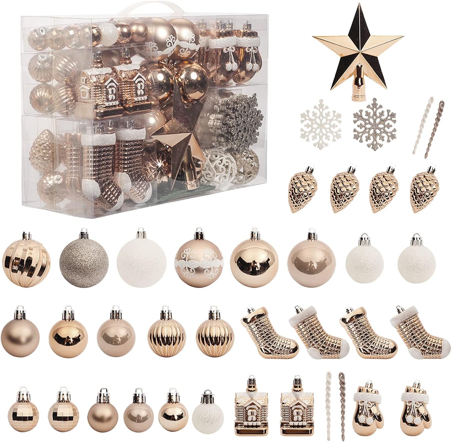 132-Pc Champagne White Christmas Tree Ornament Set - Shatterproof Balls and Hanging Decor for Holiday Tree