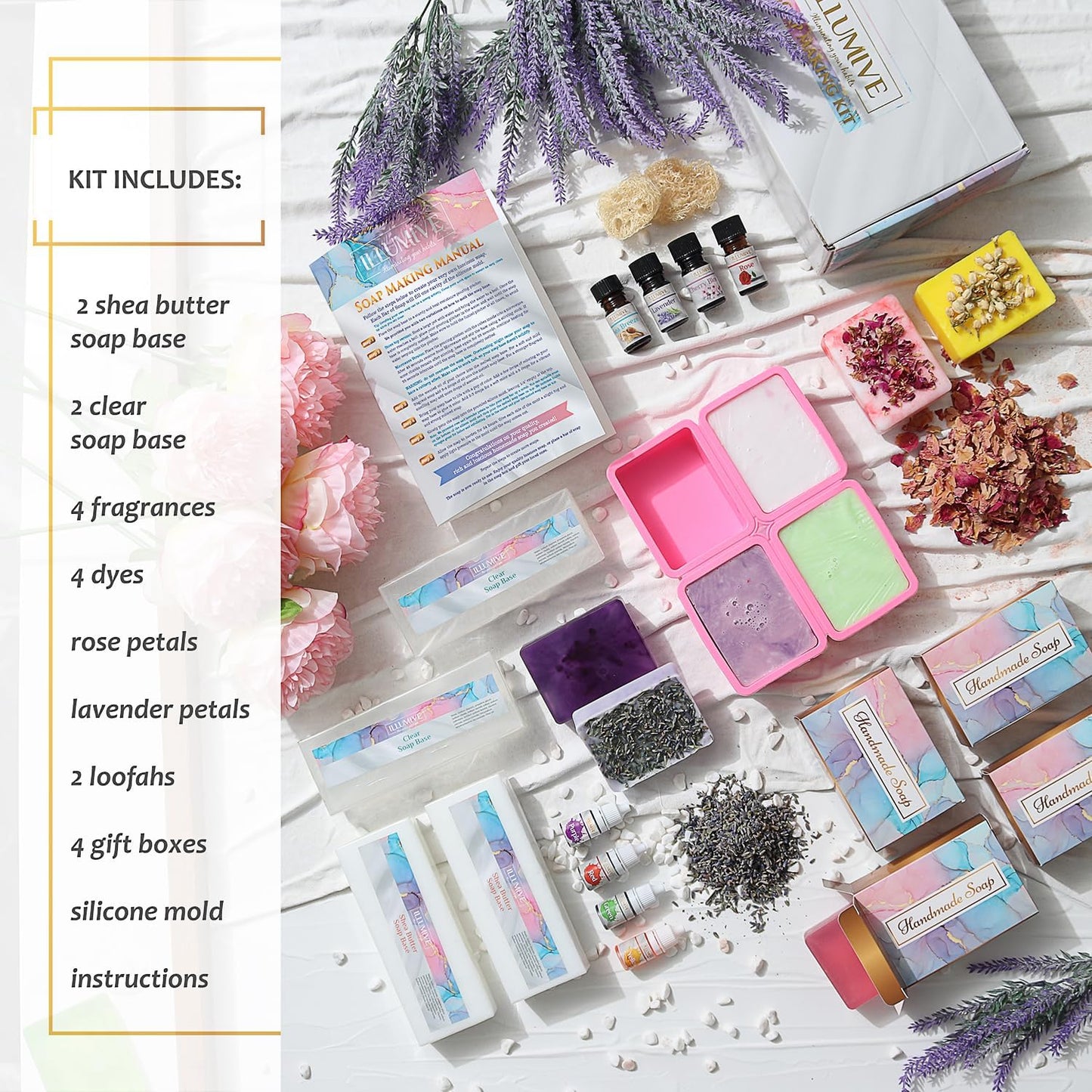 Soap Making Kit - Glycerin & Shea Butter Soap Base, Soap Molds, Dried Flowers, Fragrances, Dye - DIY Craft Kit for Adults & Kids