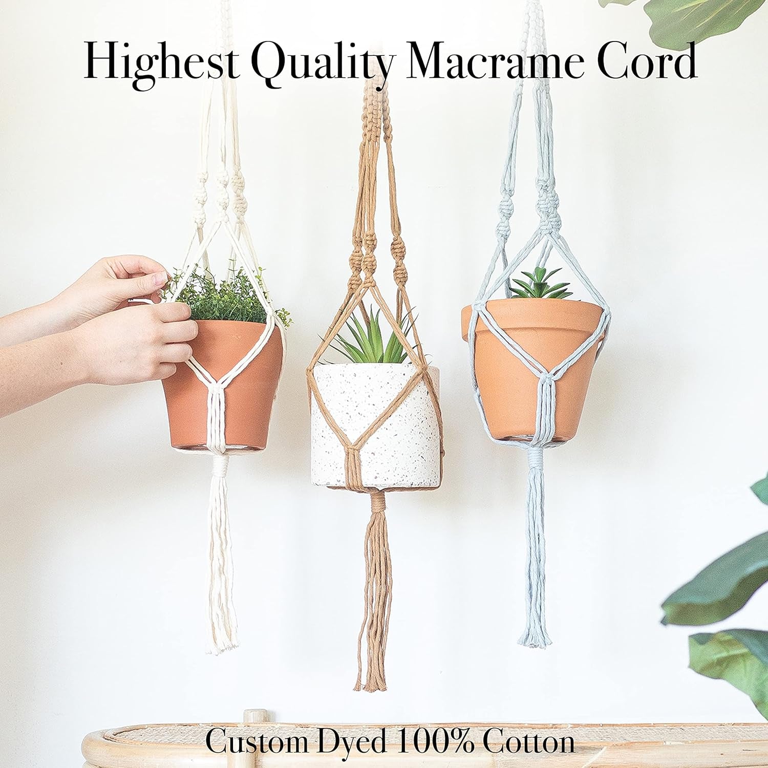 Macrame Kit, Makes 3 DIY Plant Hangers for Teens & Adult Beginners, Craft Supplies for Boho Art Project-3 Custom Color Macrame Cord, Wooden Rings & Instructions