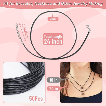 Necklace Cord,  50Pcs Black Necklace String Rope with Clasp, 24 Inch Black Waxed Cotton Cord Necklace Bulk for Charms Pendants, Bracelets, Necklaces, Jewelry Making Supplies and Beading Supplies