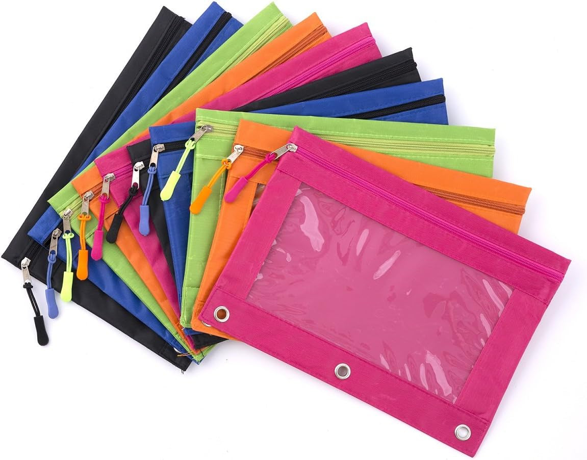 Binder Pencil Pouches, Pencil Pouch for 3 Ring Binder with Zipper Pulls, Clear Window Pencil Case for Binder, Zipper Pencil Pouches with Rivet Enforced 3 Ring, 20 Pack, 10 Color