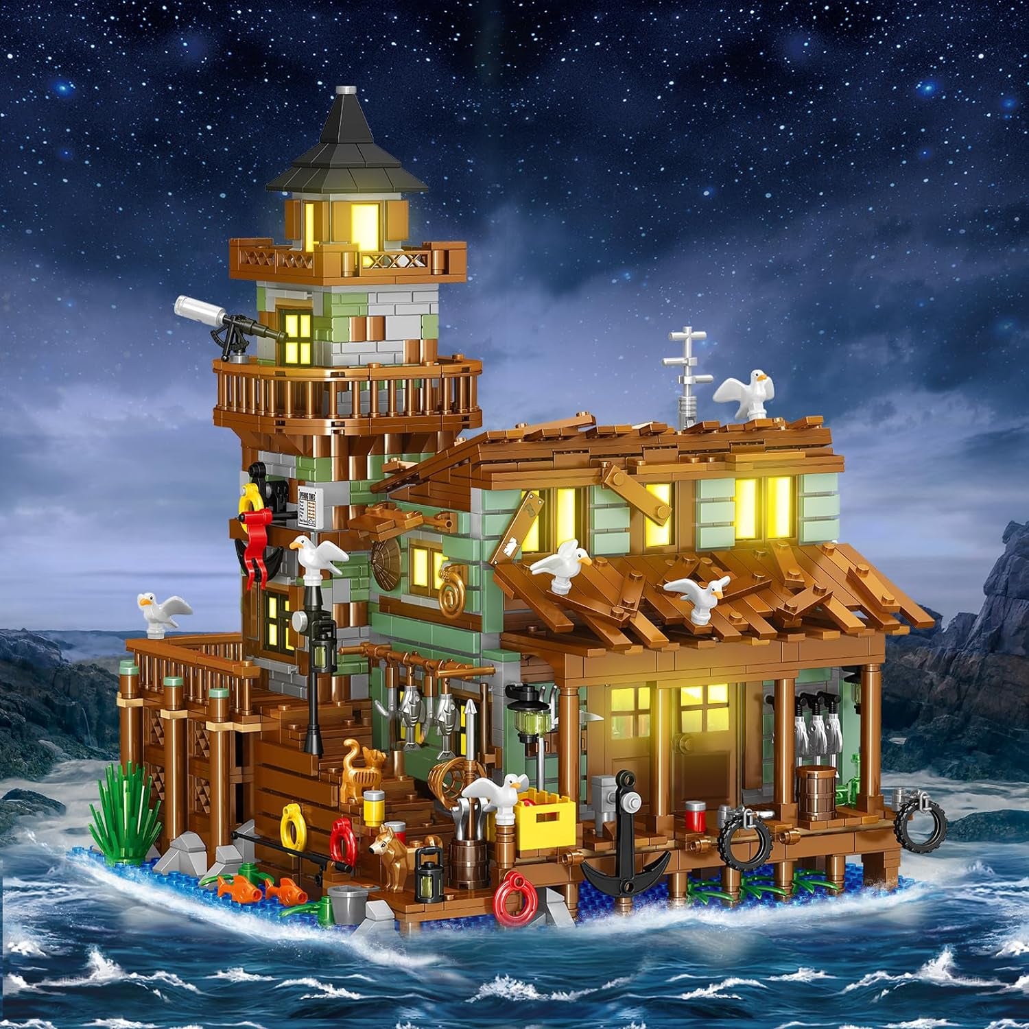 Fishing Village Store House Building Set with LED Light, 1881 PCS Wood Cabin Mini Building Block, STEM Architecture Toys Kit, Birthday Gift for Adults Ages 8-12+ Years（Not Compatible with Set ）