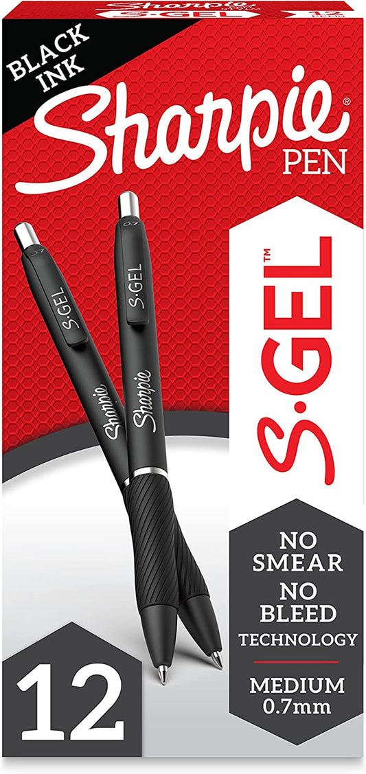 S-Gel, Gel Pens, Medium Point (0.7Mm), Black Ink Gel Pen, 12 Count