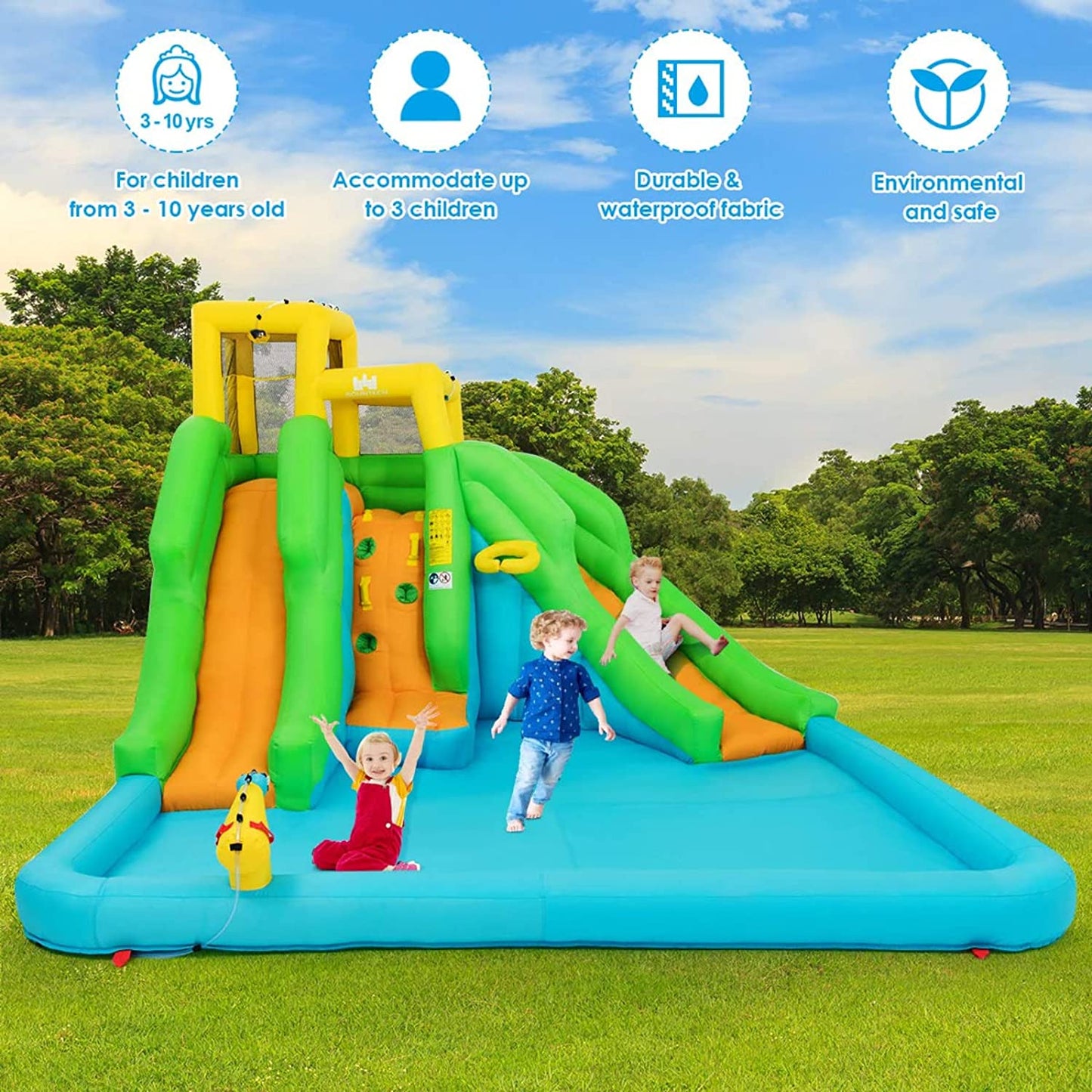 Inflatable Water Slide, 6 in 1 Kids Waterslide Park for Outdoor W/Blower, Dual Slides for Racing Fun, Splash Pool, Blow up Water Slides Inflatables for Kids and Adults Backyard Party Gifts