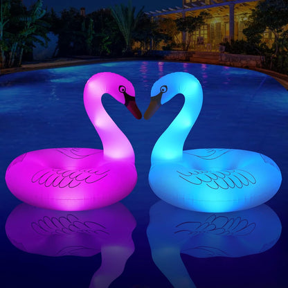 Inflatable Swan Pool Float with Colorful Lights,  Solar Powered LED Color Changing Swan Swim Tube Rings, 42'' Large Pool Beach Floaties Lake and Beach Floaty Summer Pool Raft Lounge for Adults