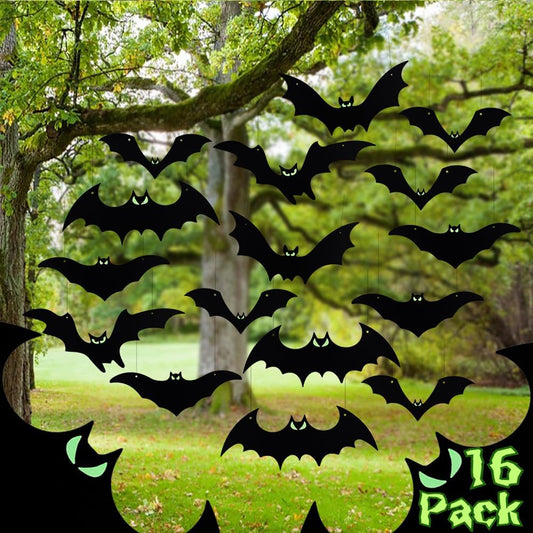 Hanging Bats Halloween Decorations Outdoor - 16 Pack Large Flying Bats 5 Different Size, Waterproof Plastic Black Bats with Glowing Eyes Hanging in Tree outside Décor for Porch, Lawn