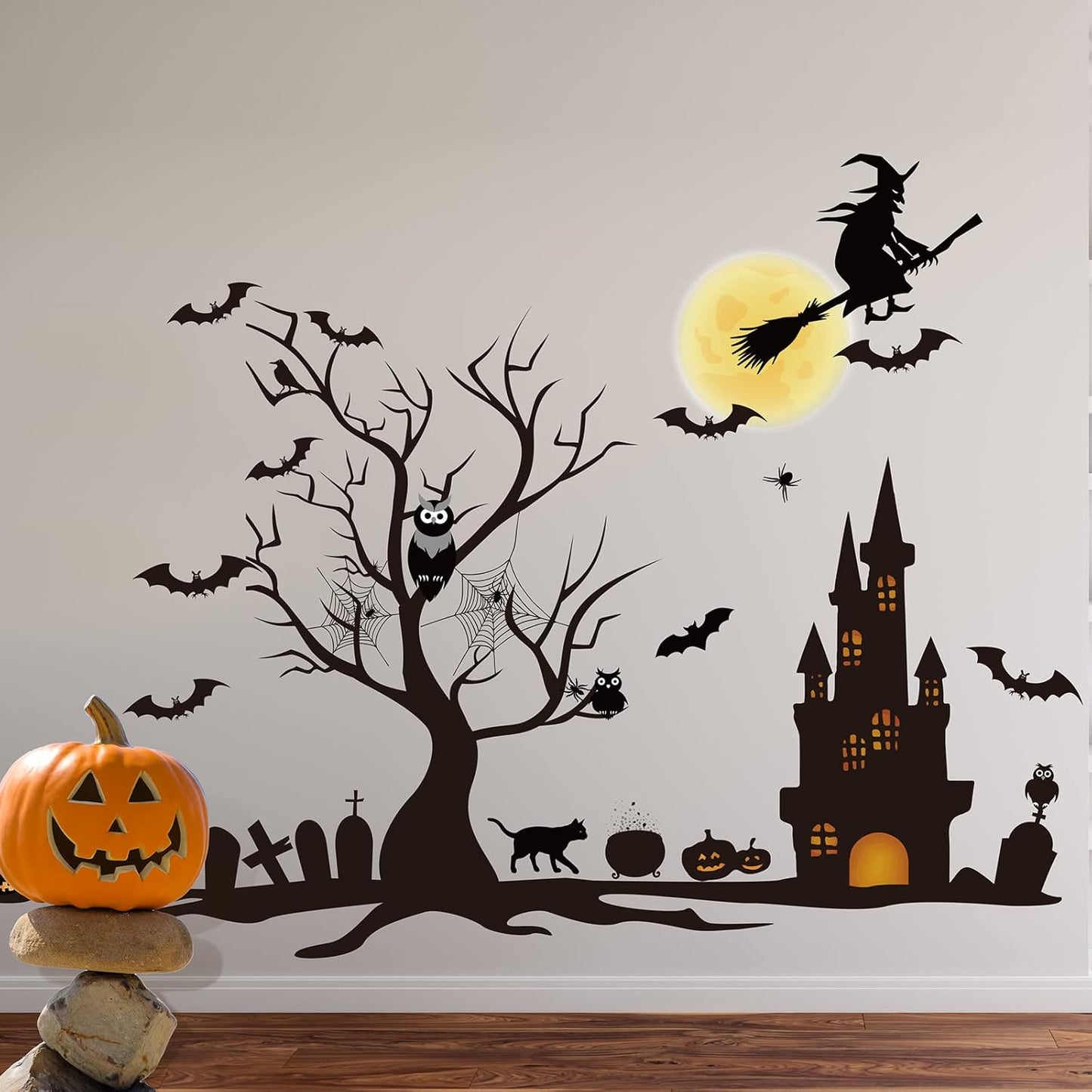 4 Sheet Halloween Window Clings Halloween Glass Decals Bat Witch Spider Pumpkin Removable Wall Decal Halloween Window Stickers Spooky Window Decals for Glass Windows Holiday Wall Stickers for Door