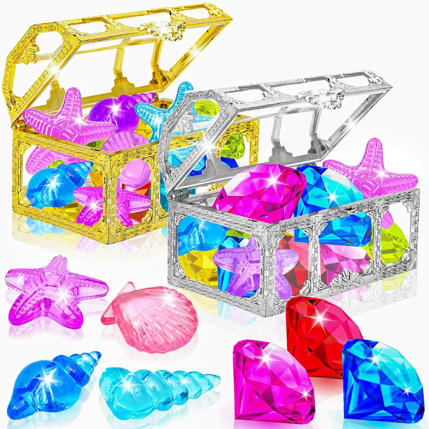 24Pcs Diving Gem Pool Toy Colorful Diamonds Set with Treasure Pirate Box Summer Underwater Swimming Toys for Boys and Girls