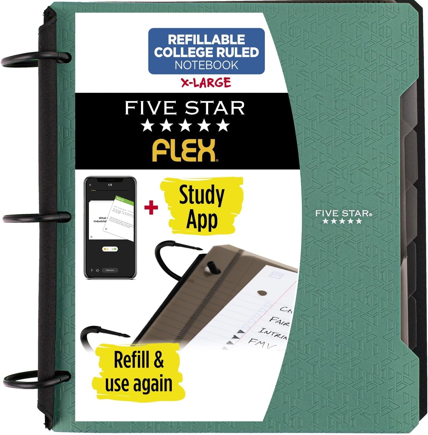 Flex Refillable Notebook + Study App, College Ruled Paper, 1-1/2 Inch Techlock Rings, Pockets, Tabs and Dividers, 300 Sheet Capacity, Black (29324AA2)