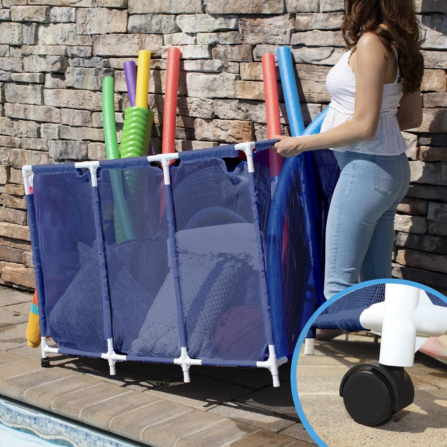 Pool Noodles Holder, Toys, Floats, Balls and Floats Equipment Mesh Rolling Storage Organizer Bin, Extra-Large, (47.2" W X 30.2" L X 34" H), Blue/White Style 455119