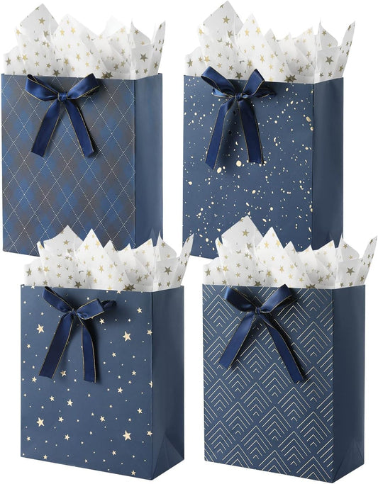 4 Pack 9" Medium Size Gift Bags Assorted Premium Blue Gift Bags with Tissue Paper Use for Birthdays, Baby Shower,Weddings,Party Favor, Holiday Presents-7" X 4" X 9"