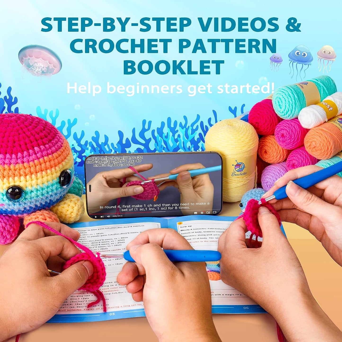 Crochet Kit for Beginners, Crochet Kit Step-By-Step Video Tutorials, Crochet Starter Kit Learn to Crochet Kits for Adults Kids Beginners, Jumbo 3 Colorful Octopus Familly (40%+ Yarn Content)