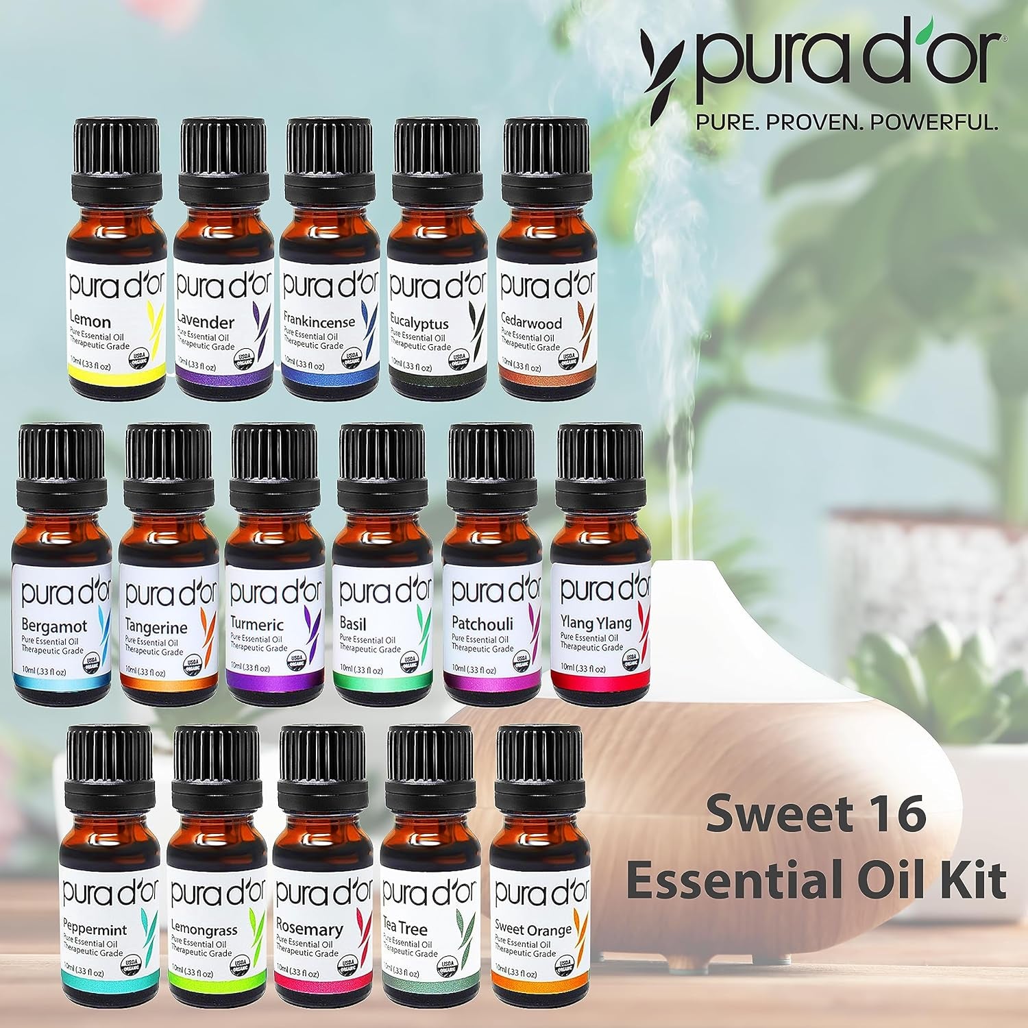 Organic Sweet16 Essential Oils Set - 16X 10M Wood Box Aromatherapy Gift Set - 100% Pure Therapeutic Grade for Relaxation and Wellness (Lavender, Tea Tree, Turmeric, Ylang Ylang and More)