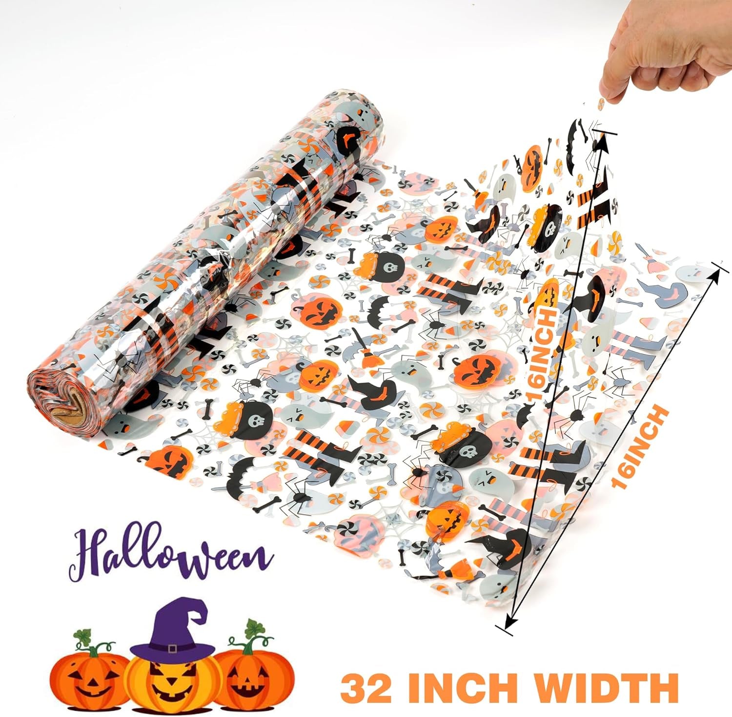 100 Ft X 32 in Halloween Cellophane Wrap Roll 2.3 Mil Thick Halloween Cellophane Bags Crystal Clear with Special Pumpkin Ghost Spider Wrap Cellophane for Halloween Wrapping Gifts