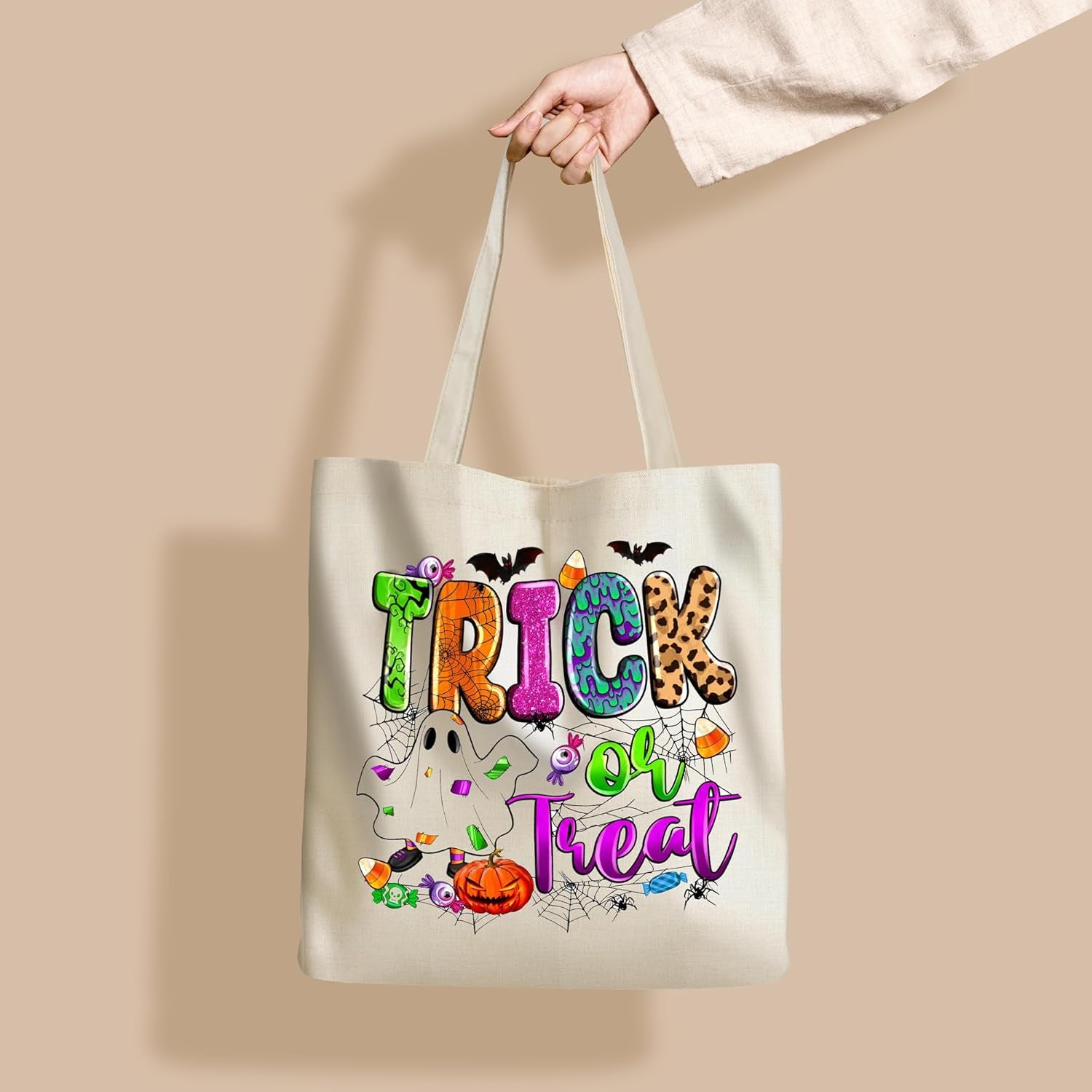 13" Halloween Tote Bag with Handles Halloween Candy Bag Reusable Canvas Bag for Trick or Treating Reusable Grocery Bags