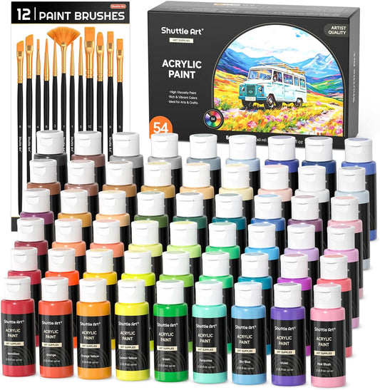 54 Colors Acrylic Paint,  Acrylic Paint Set with 12 Paint Brushes, 2Oz/60Ml Bottles, Rich Pigmented, Water Proof, Premium Paints for Artists, Beginners and Kids on Canvas Rocks Wood Ceramic