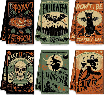 6 Pcs Halloween Kitchen Towels Set Halloween Skeletons Crows Owl Dish Towels Set Vintage Terror Halloween Hand Towel Cooking Baking Tea Towels for Home Bathroom Cooking Baking