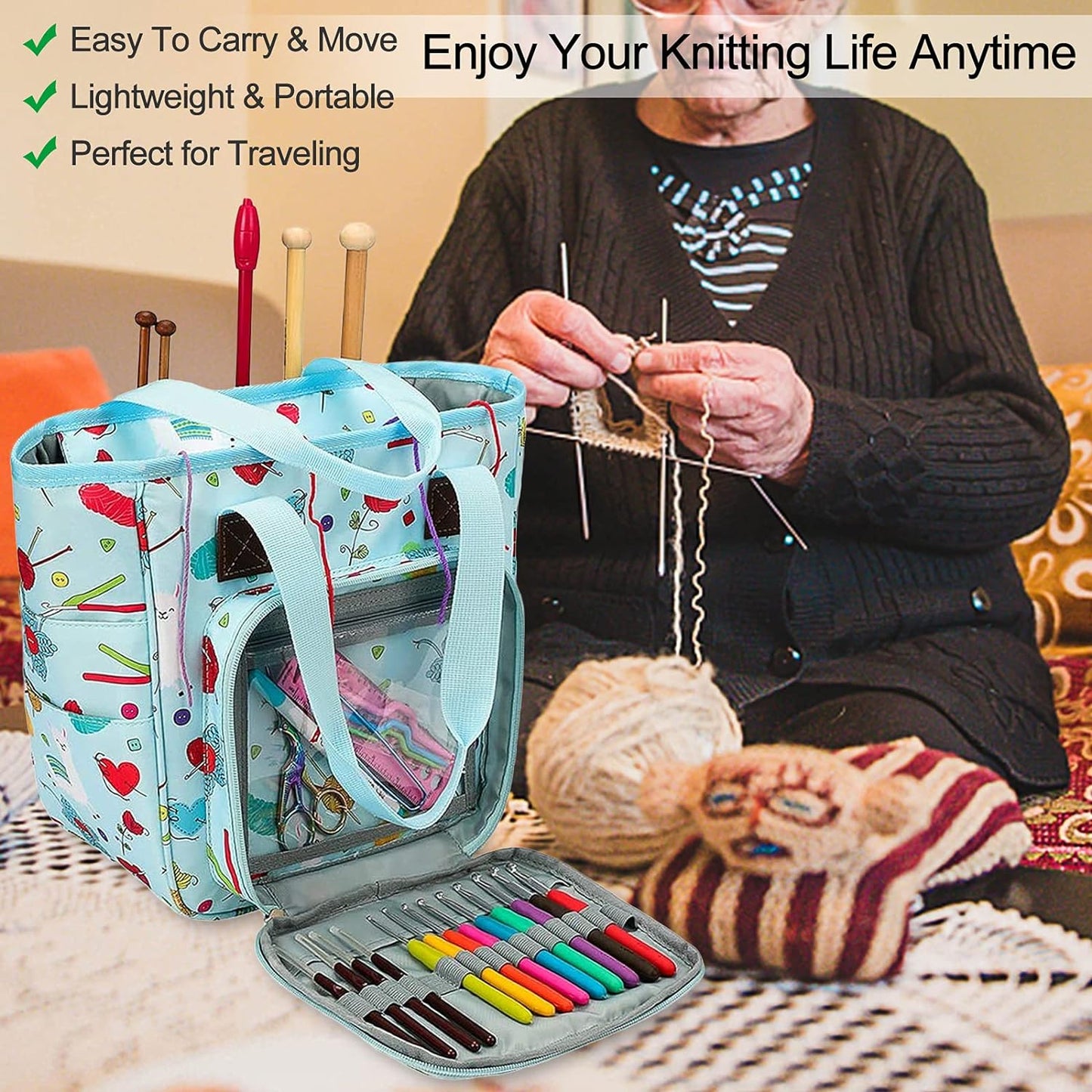 Knitting Bag Yarn Storage Organizer, Portable Knitting Tote Basket Yarn Bags for Crochet Hooks, Crocheting Kit, Knitting Needles, Yarn Balls, Project & Sewing Supplies - No Accessories (Blue)