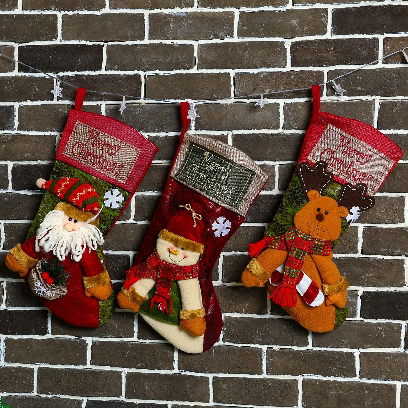 3PCS 18" Christmas Stocking Classic Large Stockings Santa, Snowman, Reindeer Xmas Character for Family Holiday Christmas Party Decorations