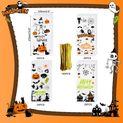 Halloween Cellophane Treat Bags, 100PCS Halloween Treat Bags, Halloween Candy Bags with Twist Ties for Halloween Trick or Treat Party Favors Supplies, Halloween Bags Bulk with Fun Friendly Designs