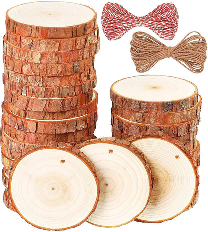 Natural Wood Slices, 30 Pcs 3.1"-3.5" Unfinished Wood Craft Kit, Predrilled Wooden Circles with Hole Crafts Christmas Ornaments DIY Crafts