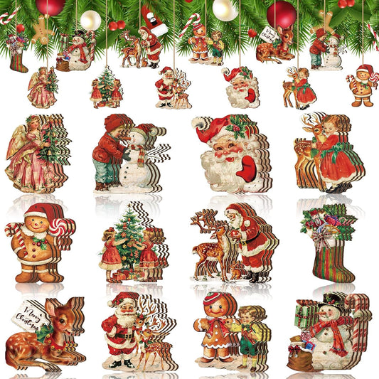 36 Pcs Vintage Christmas Ornaments Wooden Christmas Tree Ornaments Snowman Snowflake Santa Wood Cutouts Rustic Farmhouse Christmas Tree Decorations for Home Xmas Winter Party(Retro)