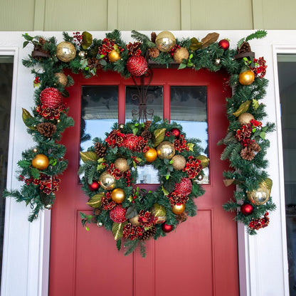 [30 Inch Artificial Christmas Wreath] - Scarlet Hydrangea Collection - Red and Gold Decoration - Pre Lit with 50 Warm Clear Colored LED Mini Lights - Includes Remote Controlled Battery Powered Timer